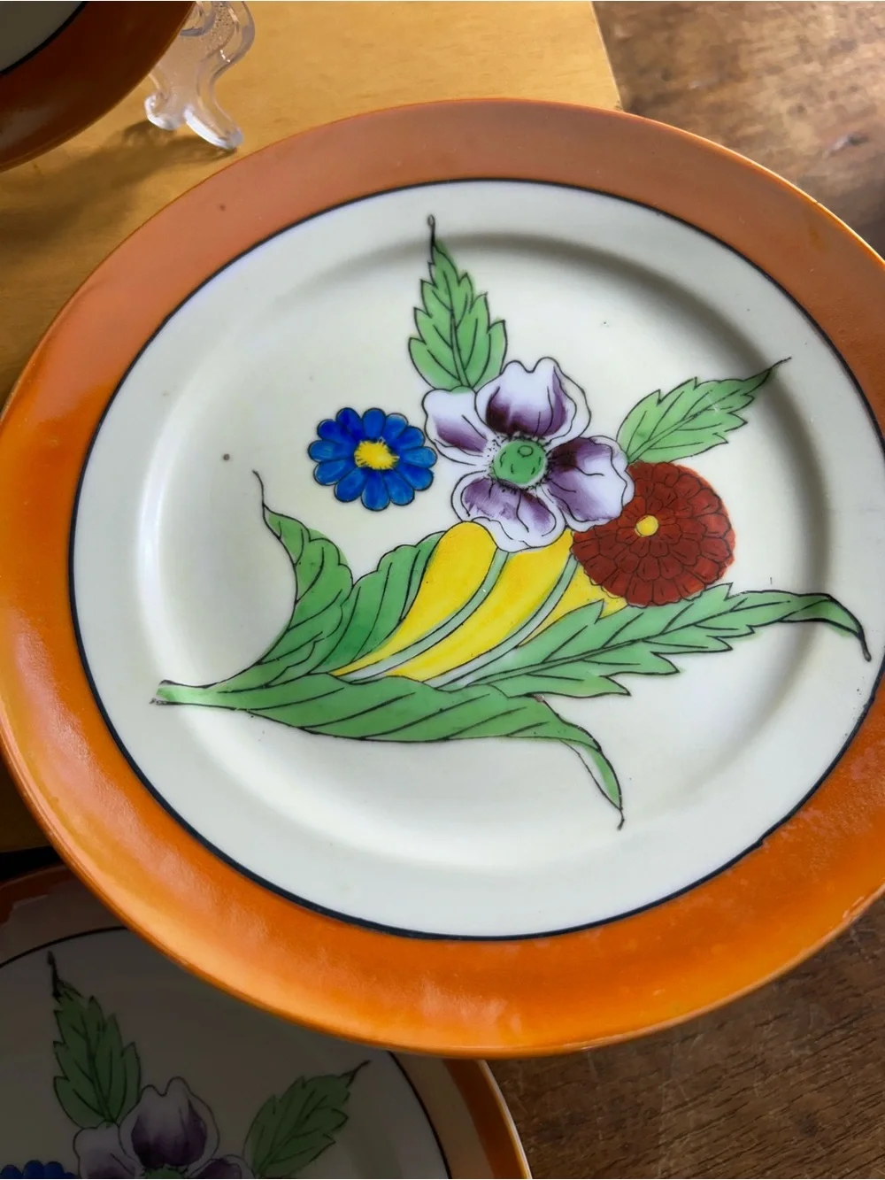 Chikatamachi Hand-Painted Floral Ceramic Dessert Plates - Orange Trim (Set of 4)